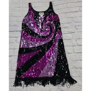 Charades Dress WOMENS SZ L Multicolor Sequin Flapper Fringe Vintage Style Sheath
